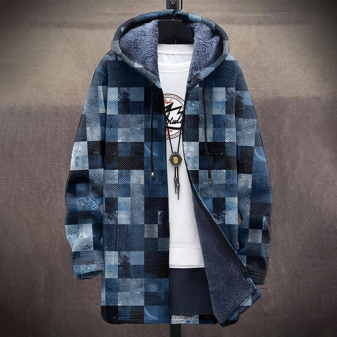 Men's Vintage Abstract Geometric Art Comfort Plush Hooded Coat elevenforest