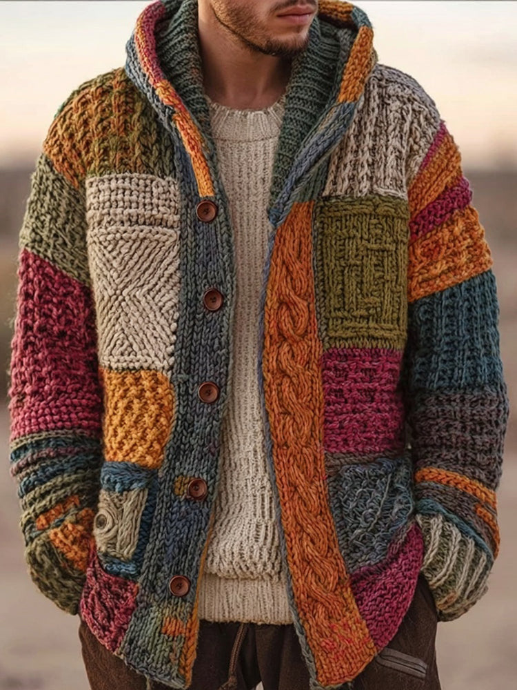 Men's Vintage Geometric Patchwork Cozy Hooded Cardigan artswardrobe