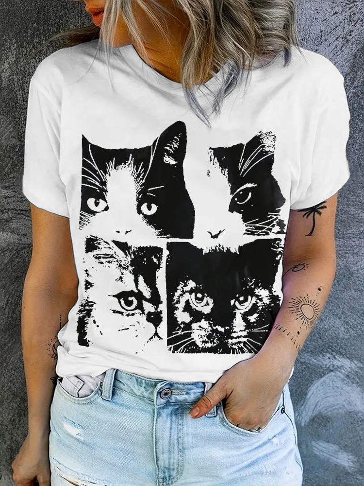 Comstylish Patchwork Cat Print Casual T-shirt