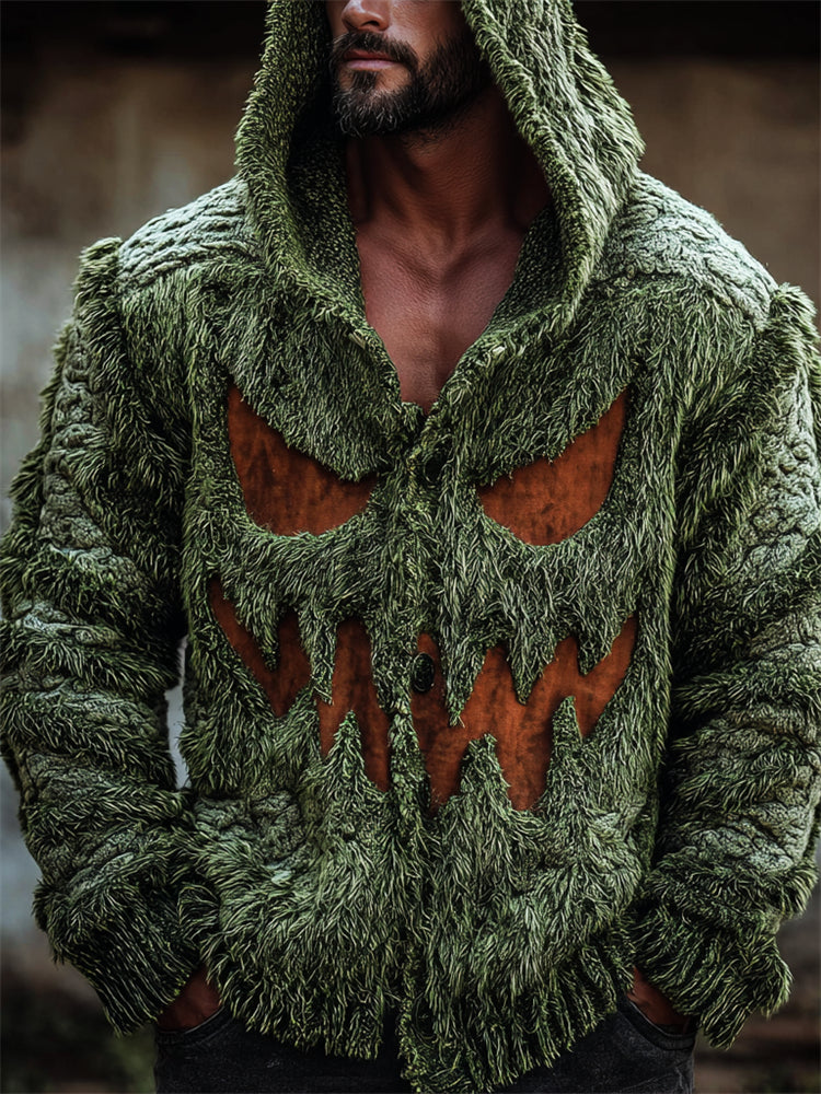 Men's Halloween Fuzzy Monster Face Cozy Knit Hooded Cardigan artswardrobe