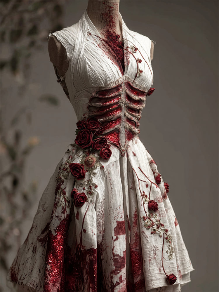 Comstylish Halloween Bloody Red Roses Glitter Rib Cage Linen Dress