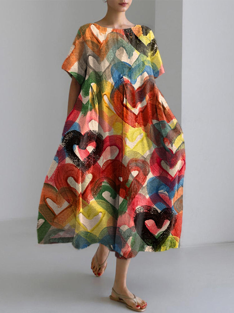 Women's Colorful Heart Oil Painting Art Linen Blend Dress artswardrobe