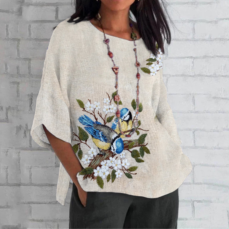 Women's Apricot Blossom And Kingfisher Embroidery Art Loose Crew Neck Tops artswardrobe