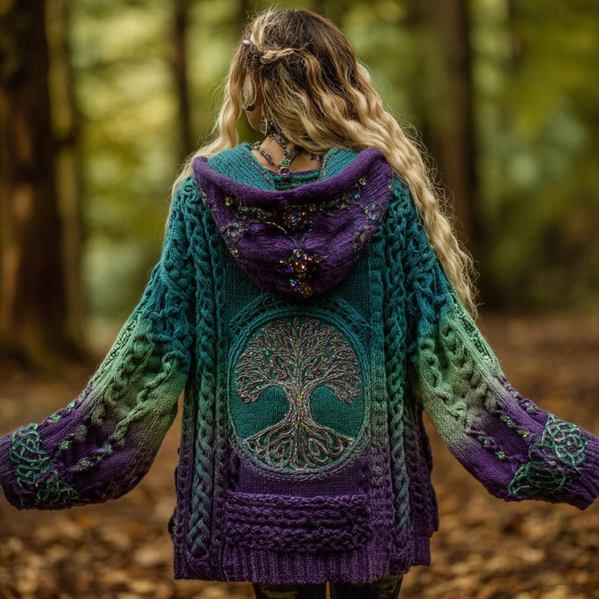 Women's Vintage Viking Tree Of Life Gradient Art Knit Zipper Cardigan Sweater elevenforest