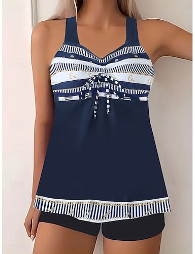 Tankini 2 Piece Swimsuit High Waist Tummy Control High Waist Slim Backless Vacation Beach Wear Ombre Stripe V Neck Sleeveless Bathing Suits