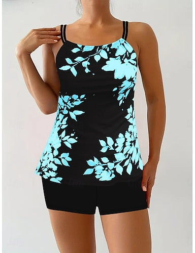 Tankini 2 Piece Swimsuit Boy Leg Tummy Control High Waist Slim Backless Vacation Beach Wear Leaves Scoop Neck Sleeveless Bathing Suits