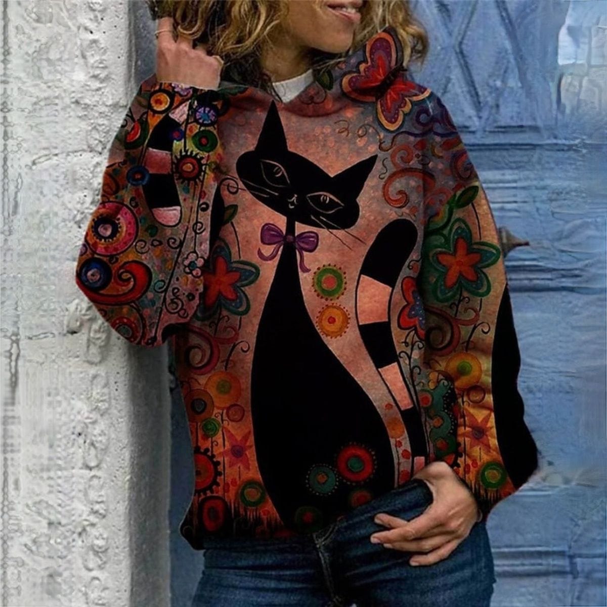 CM | Elegante sudadera con capucha y estampado de gatos