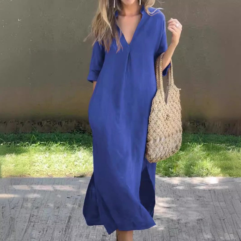 KL | Vestido de lino con cuello en V y bolsillo