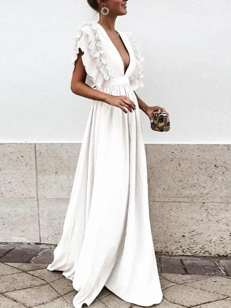 KL | Elegante vestido con escote en V y mangas con volantes