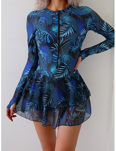 Swimwear Tankini 2 Piece Shorts Swimsuit Zip Up Tummy Control High Waist Slim Vacation Beach Wear Round Neck Sleeveless Long Sleeve Bathing Suits