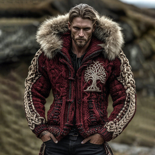 Men's Viking Life Of Tree Celtic Knot Art Warm Christmas Knit Hooded Jacket artswardrobe