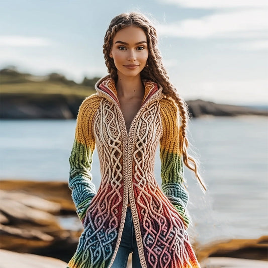 Vintage Celtic Rainbow Gradient Thick Hooded Cardigan Sweater elevenforest