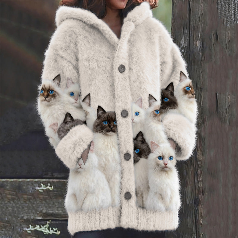 Cárdigan de lana con estampado de gatos blanco y negro