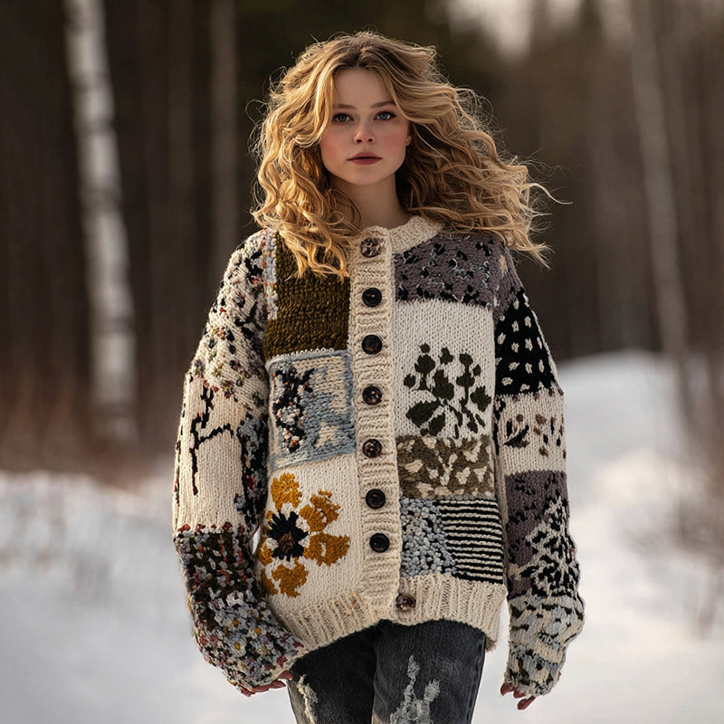 Women's Patchwork Floral Heart Button Warm Cardigan Sweater artswardrobe