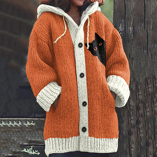 Vintage Peek-A-Boo Hiding Black Cat Pattern Women's Hooded Sweater Cardigan elevenforest