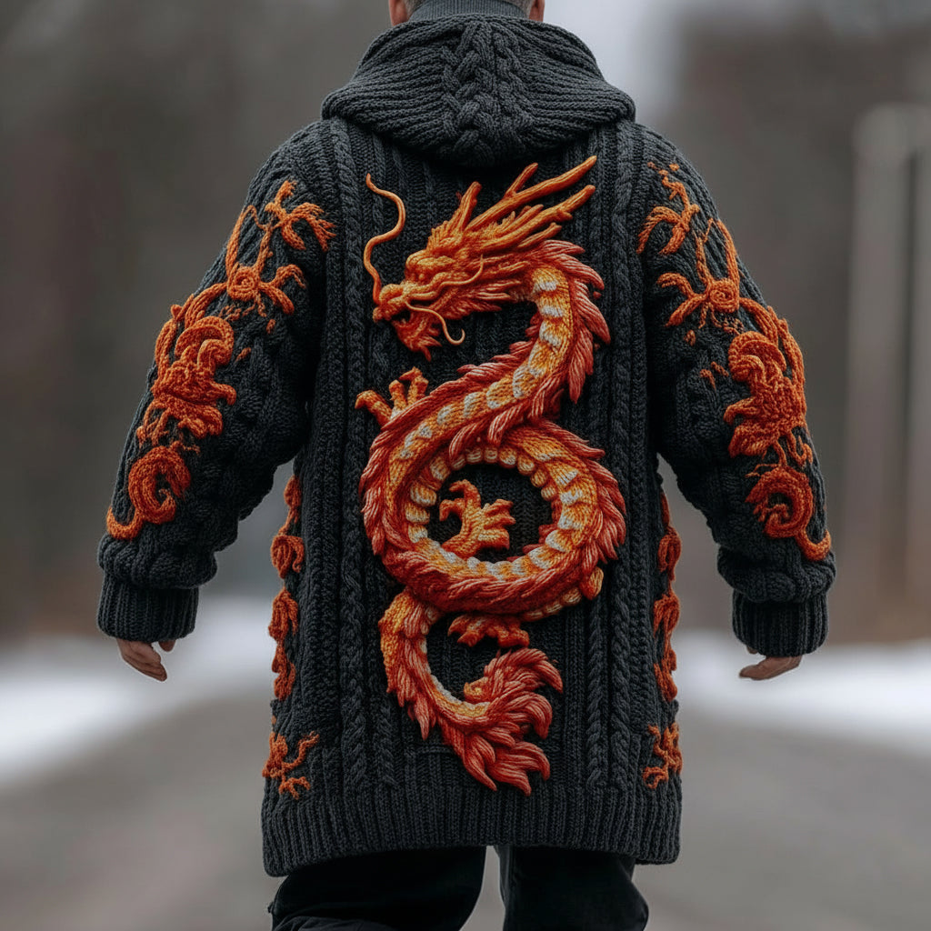 Men's Viking Dragon Art Thick Long Knit Cardigan Sweater artswardrobe