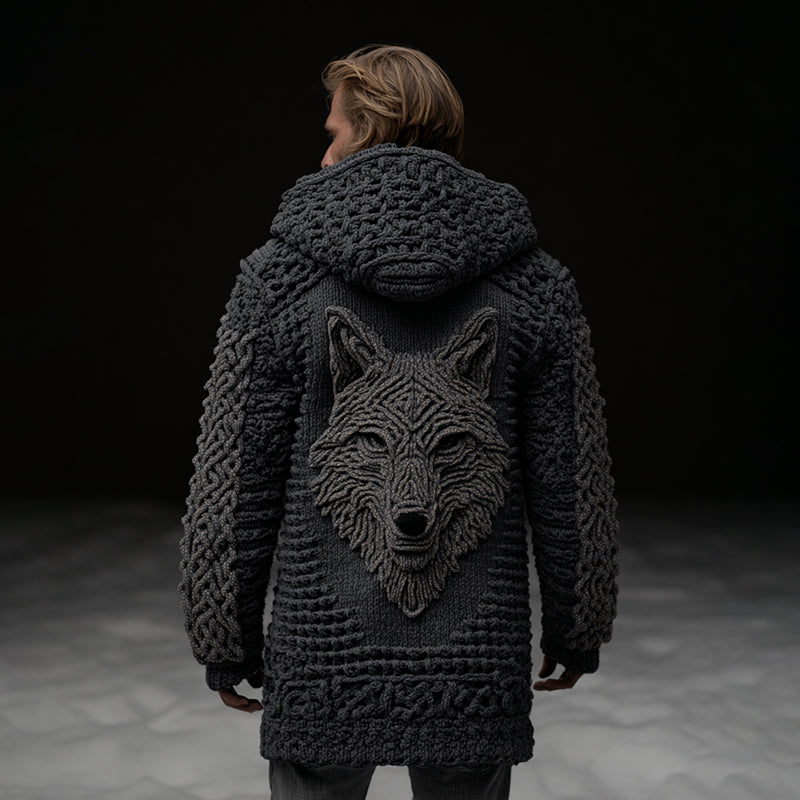 Men's Viking Style Celtic Knot Wolf Head Mid-length Cardigan Sweater artswardrobe