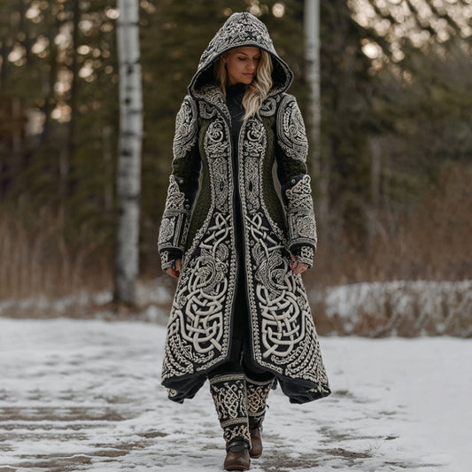 Women's Celtic Knot Jacquard Art Hooded Knit Cozy Cardigan artswardrobe