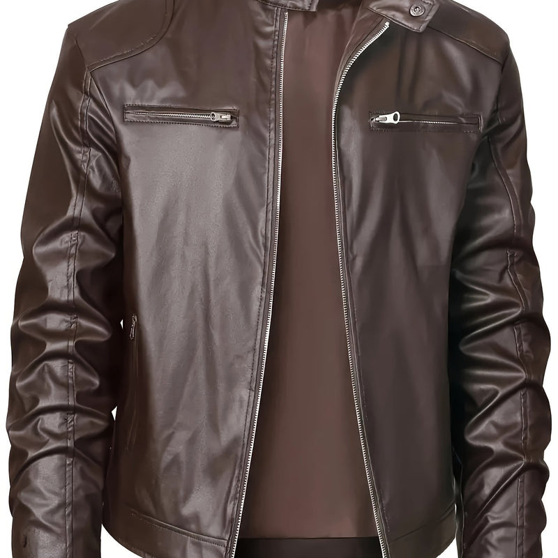 CM | Elegante chaqueta de piel de PU con bloques de color y diseño de cremallera múltiple