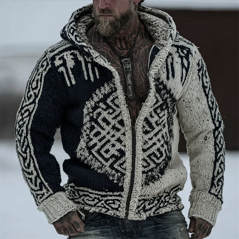 Men's Viking Celtic Knot Runes Contrast Full Zip Hooded Cardigan artswardrobe