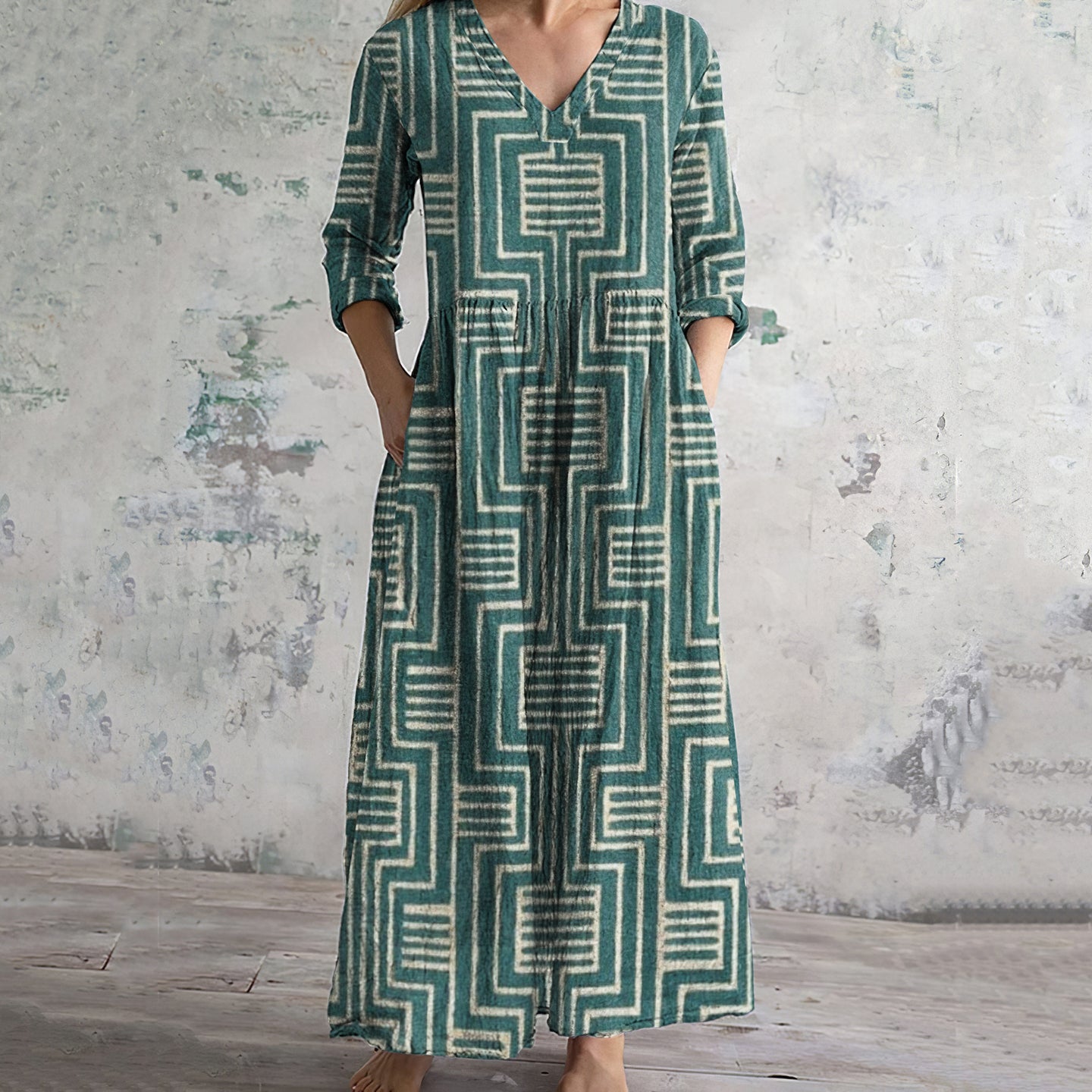 Vintage Geometric Print V-neck Linen Blend Midi Dress artswardrobe