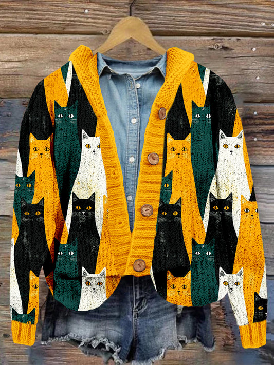 Lovely Crowded Cats Art Cozy Hooded Cardigan elevenforest