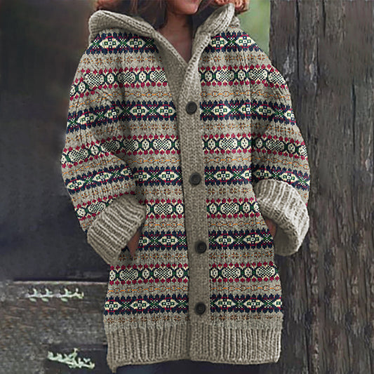 Icelandic Ethnic Print Long Sleeved Knitted Hooded Cardigan elevenforest