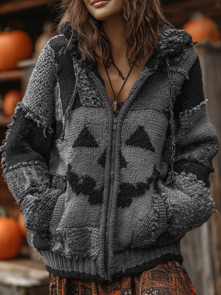 Patchwork Halloween Pumpkin Face Art  Cozy Knit Hooded Cardigan elevenforest