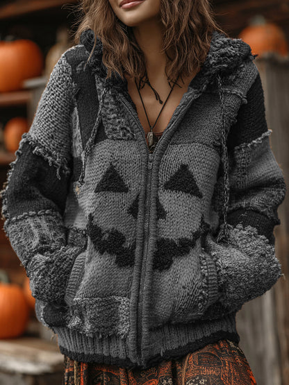 Patchwork Halloween Pumpkin Face Art  Cozy Knit Hooded Cardigan elevenforest