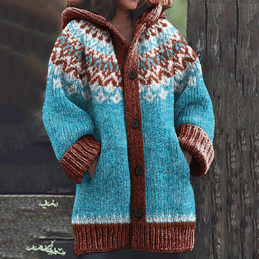 Vintage Icelandic Geometry Pattern Knit Cozy Hooded Cardigan elevenforest