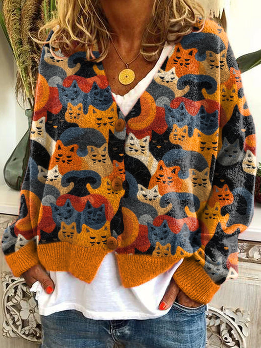 Cute Cat Pattern Cozy Knit Cardigan elevenforest
