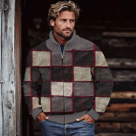 Men's Retro Colorblock Patchwork Cozy Zip Cardigan elevenforest