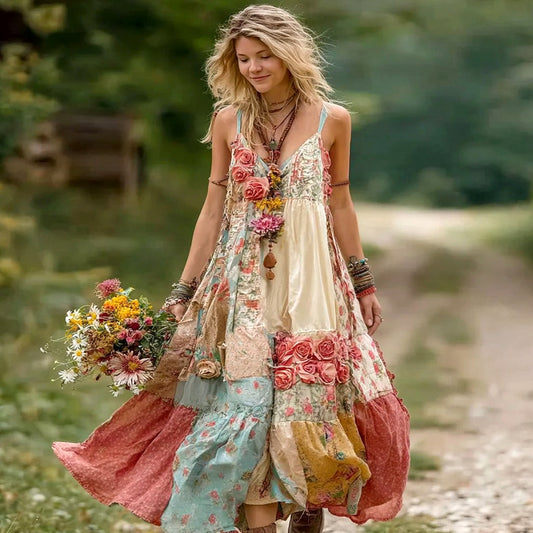 Women's Vintage Boho Floral Art Patchwork Comfy Midi Dress artswardrobe