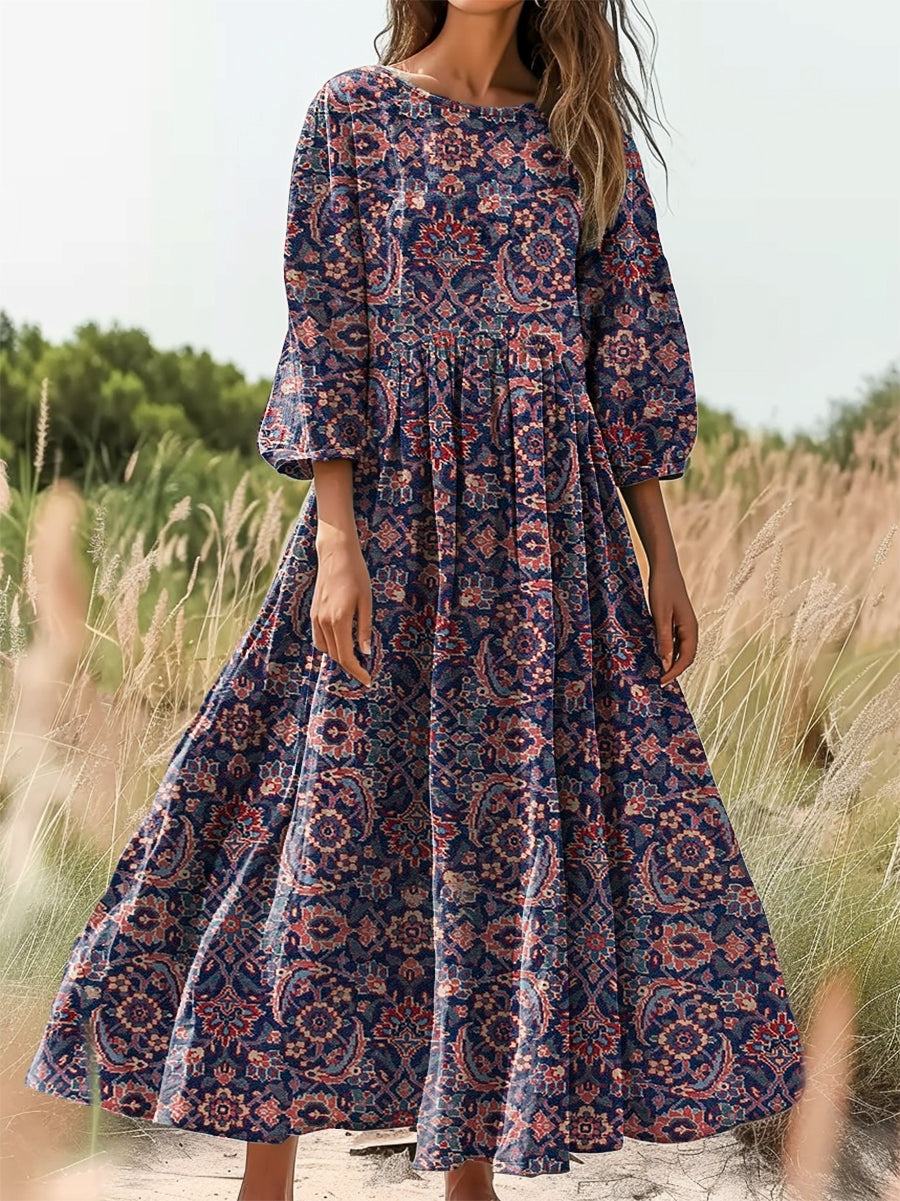 Women's Retro Ethnic Totem Art Print Flowy Cotton Crew Neck Dress
