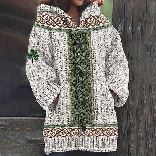 Women's Irish Celtic Knotted Shamrock Contrast Jacquard Sweater Cardigan elevenforest