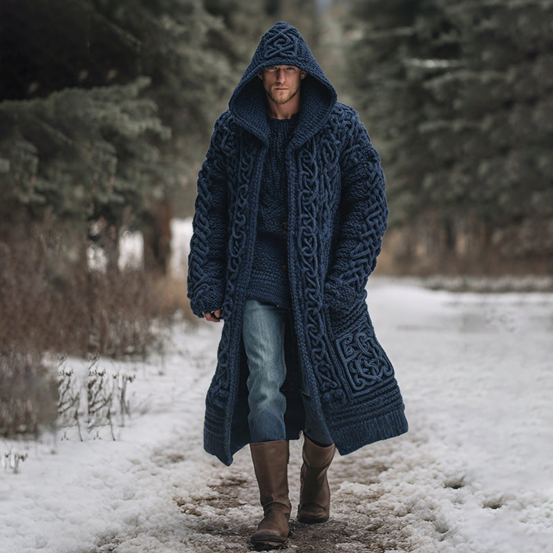 Men's Viking Celtic Knot Art Mid-length Chunky Knit Cardigan Sweater artswardrobe