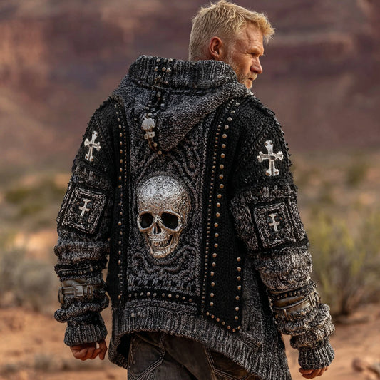 Men's Dark Style Skull Cross Inspired Knitted Cozy Zipper Up Hooded Cardigan elevenforest