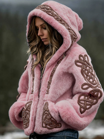 Comstylish Women's Viking Celtic Art Cozy Warm Flannel Hooded Jacket