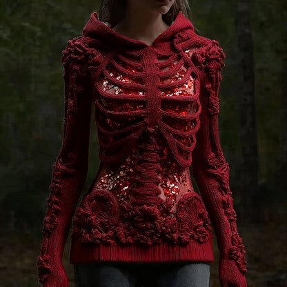 Halloween Skull Floral Knitted Warm Hooded Sweater artswardrobe