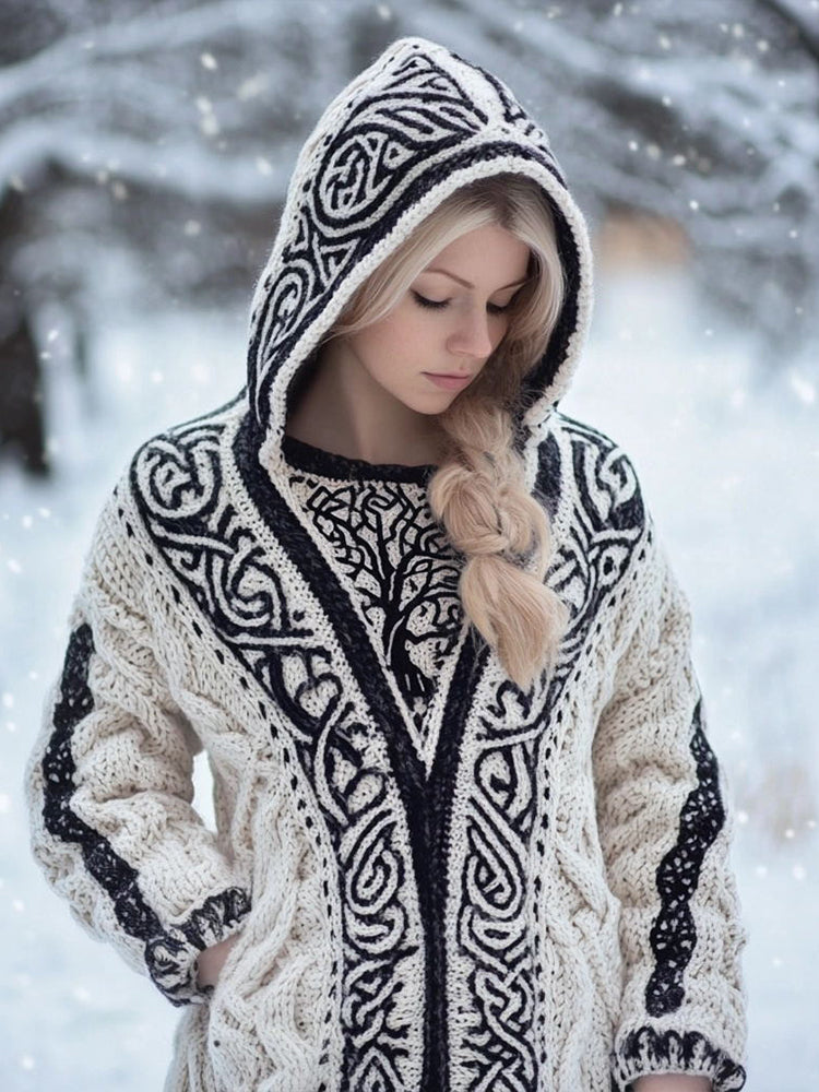 Women's Viking Inspired Celtic Knot Jacquard Knit Hooded Cardigan elevenforest