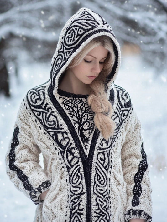 Women's Viking Inspired Celtic Knot Jacquard Knit Hooded Cardigan elevenforest