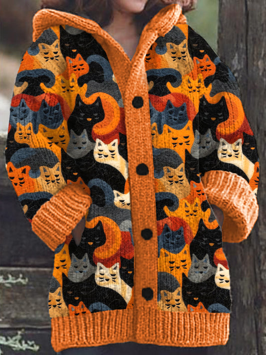Comstylish Cute Cat Pattern Knit Hooded Cardigan