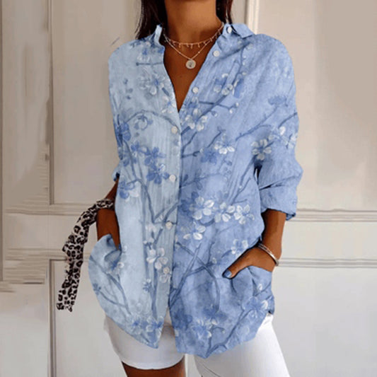 Comstylish Women's Vintage Floral Contrast Art Print Casual Linen Shirt