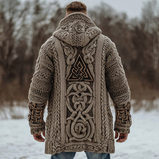 Men's Viking Celtic Knot Jacquard With Valknut Runes Knit Zipped Aran Sweater Hooded Cardigan artswardrobe