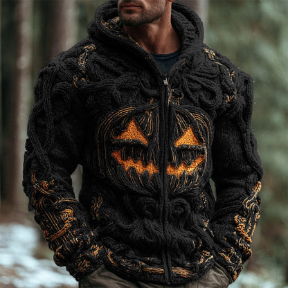 Halloween Pumpkin Emoji Men's Chunky Knit Full Zip Hooded Sweater elevenforest