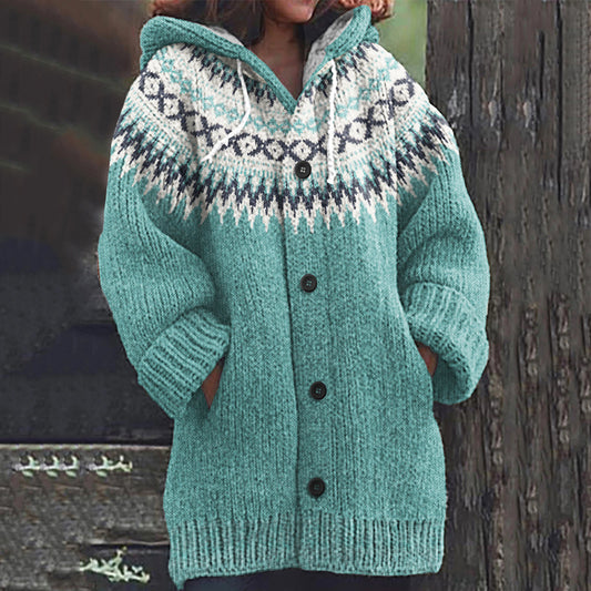 Vintage Iceland Knitted Print Hooded Cardigan Sweater elevenforest