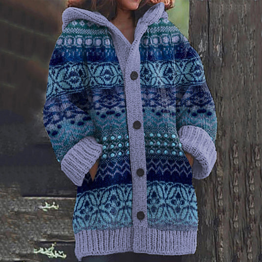 Iceland Snowflake Polka Dot Jacquard Button Down Hooded Sweater Cardigan elevenforest