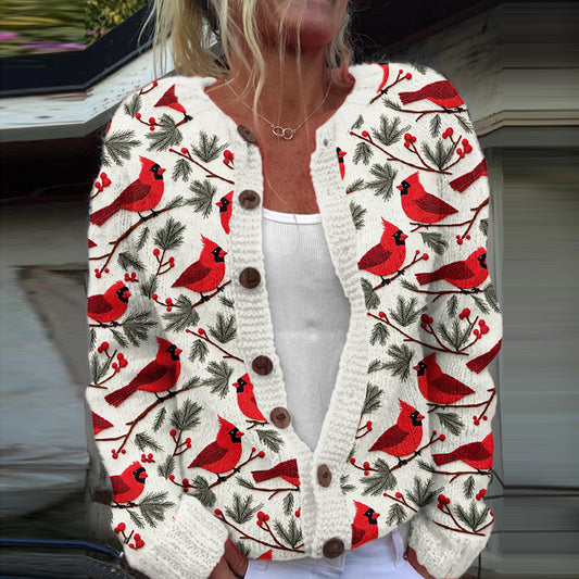 Comstylish Winter Cardinal Art Embroidery Knitting Cozy Cardigan