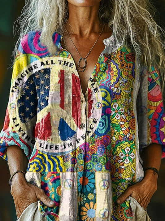 Women's Hippie Peace Flag Art Print Casual Cotton Linen Shirt