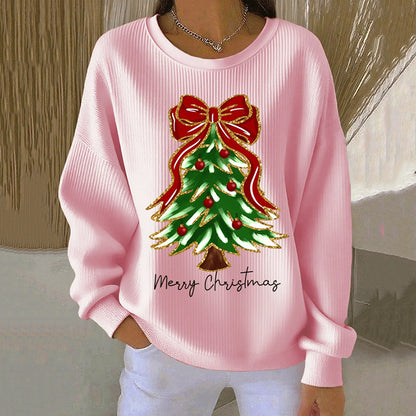 Comstylish Women's Christmas Tree Print Crew Neck Casual Sweatshirt